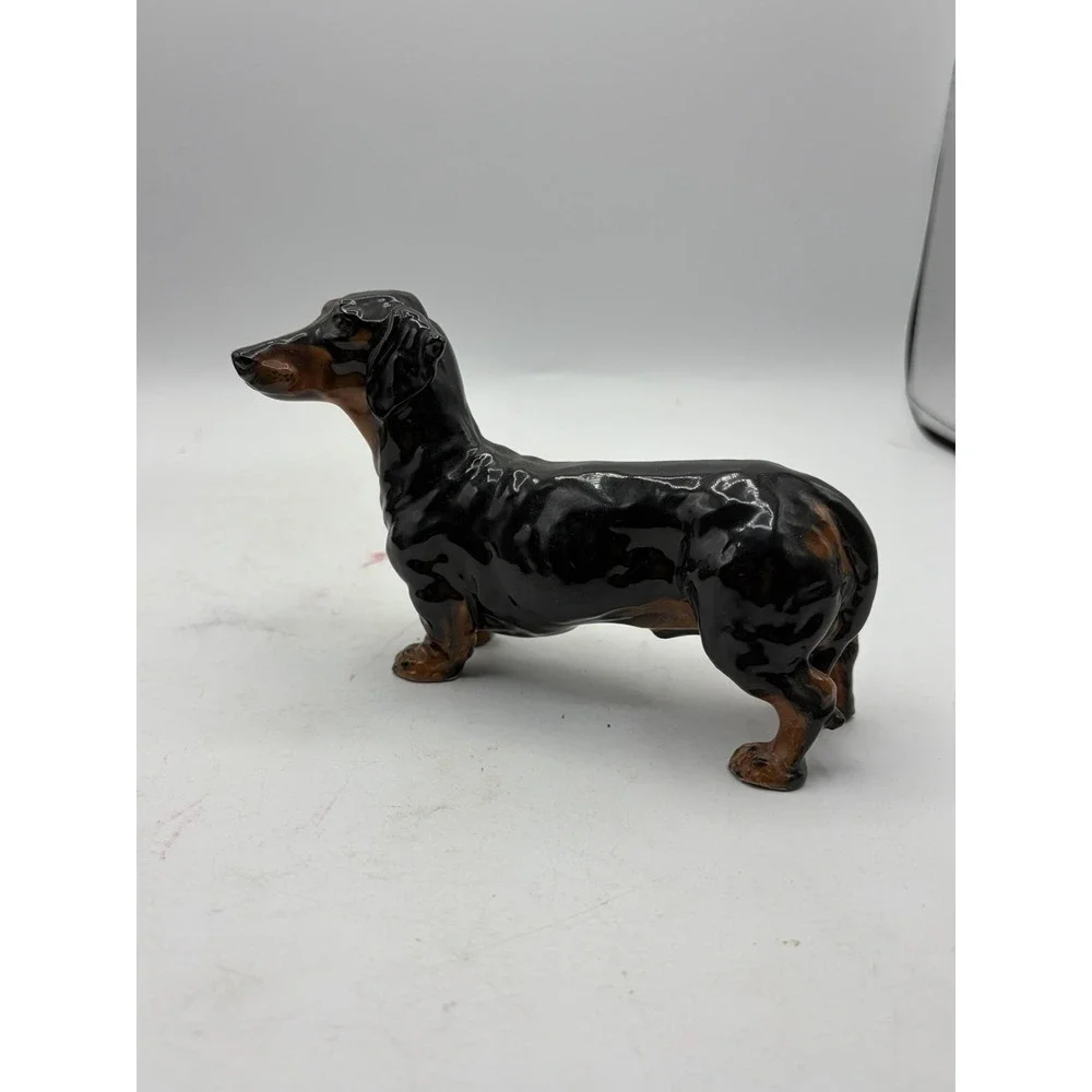 Vintage Dachshund Dog Figurine Black & Tan Ceramic Wiener Dog Statue 7